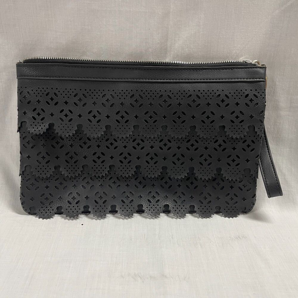 Carlos Santana Large Clutch Purse Bag Black Scalloped Zipper